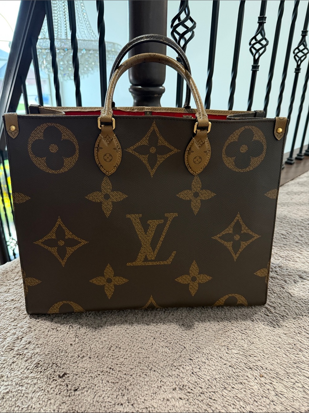 Louis Vuitton Monogram M OnTheGo Tote in Brown with Red Lining - PRESTINE